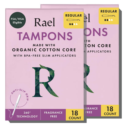 Rael Organic Cotton Core Tampons - Regular Absorbency - Slim Applicator - 36 Count