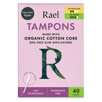 Rael Organic Cotton Core Tampons - Regular & Super - Slim Applicator - 40 Count