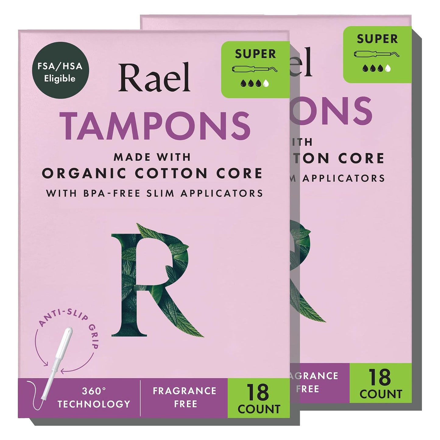 Rael Organic Cotton Core Tampons - Super Absorbency - Slim Applicator - 36 Count