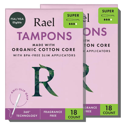 Rael Organic Cotton Core Tampons - Super Absorbency - Slim Applicator - 36 Count