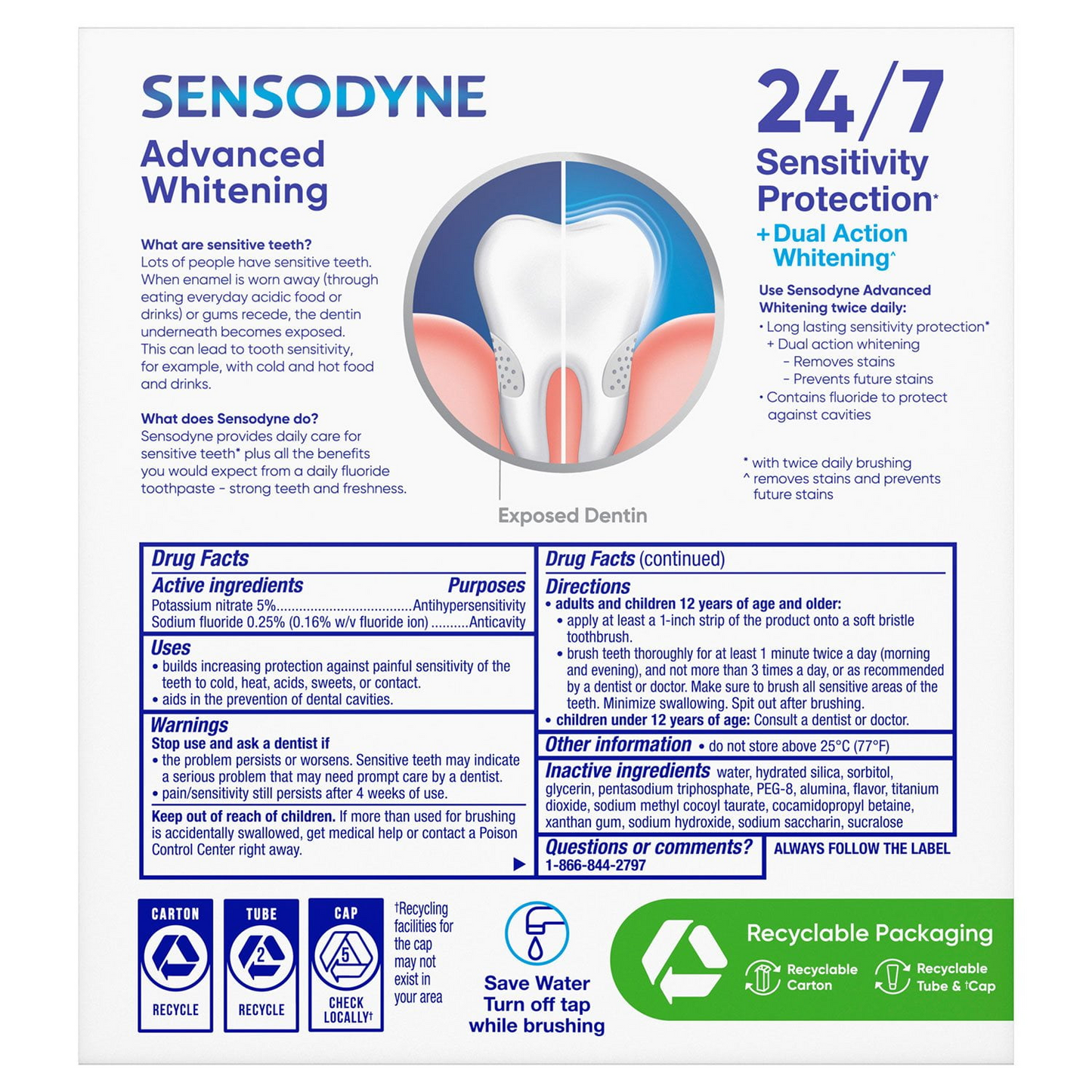 Sensodyne 센소다인 어드밴스드 화이트닝 치약 패밀리 4팩 24/7 시린이 보호·트리플 액션 화이트닝 (4 × 6.5oz)