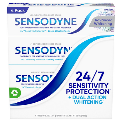 Sensodyne 센소다인 어드밴스드 화이트닝 치약 패밀리 4팩 24/7 시린이 보호·트리플 액션 화이트닝 (4 × 6.5oz)