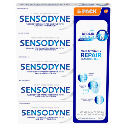 Sensodyne Repair & Protect for Sensitive Teeth Toothpaste — Family 5-Pack, Stannous Fluoride Formula (5 × 3.4 oz)