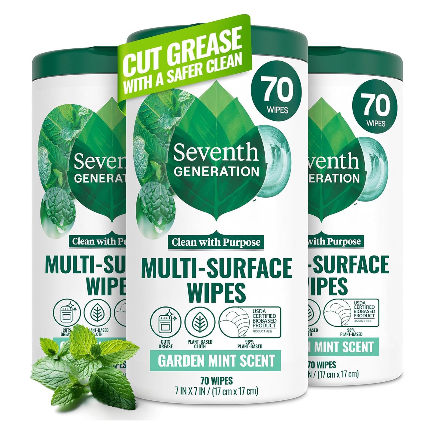 Seventh Generation Multi-Surface Wipes - Garden Mint - 70 Wipes × 3 Packs