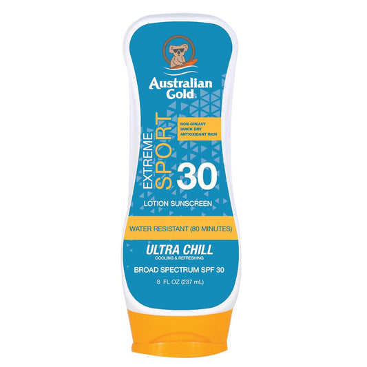 오스트레일리안 골드 익스트림 스포츠 선스크린 — 울트라 칠 쿨링 (SPF 30 로션 / SPF 30 스프레이 젤 / SPF 50 스프레이) - 8 fl oz