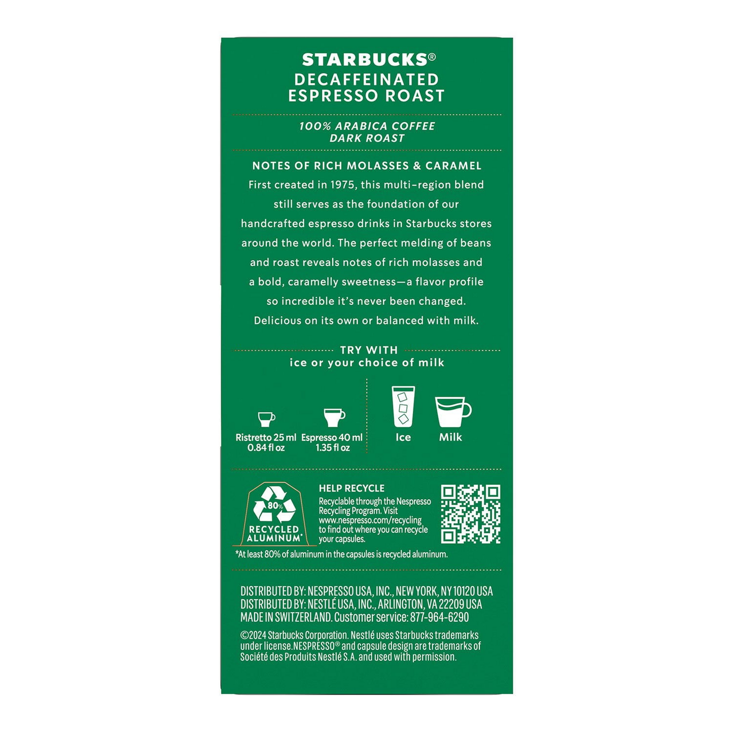 Starbucks by Nespresso Decaf Dark Roast Espresso Capsules (Nespresso Original) - 60 ct