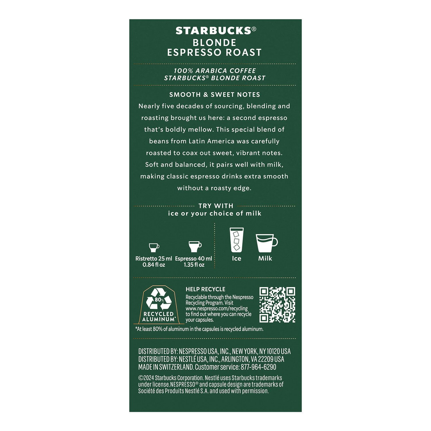 Starbucks by Nespresso Blonde Roast Espresso Capsules (Nespresso Original) - 60 ct