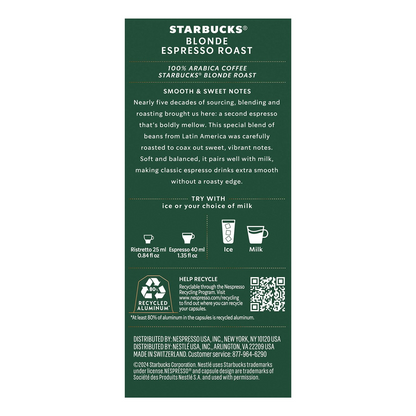 Starbucks by Nespresso Blonde Roast Espresso Capsules (Nespresso Original) - 60 ct