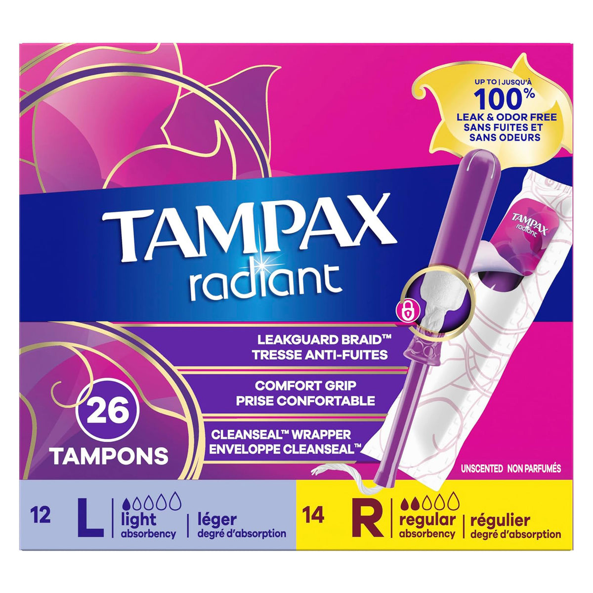 Tampax 탐팩스 라디언트 탐폰 - 라이트 & 레귤러 멀티팩 - 무향 - 26개입