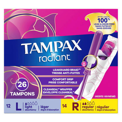 Tampax 탐팩스 라디언트 탐폰 - 라이트 & 레귤러 멀티팩 - 무향 - 26개입