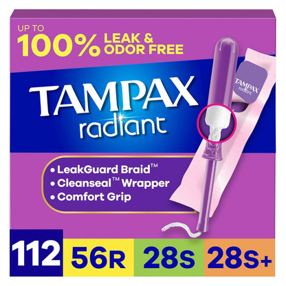 Tampax 탐팩스 라디언트 탐폰 - 레귤러 & 슈퍼 & 슈퍼 플러스 - 무향 - 112개입
