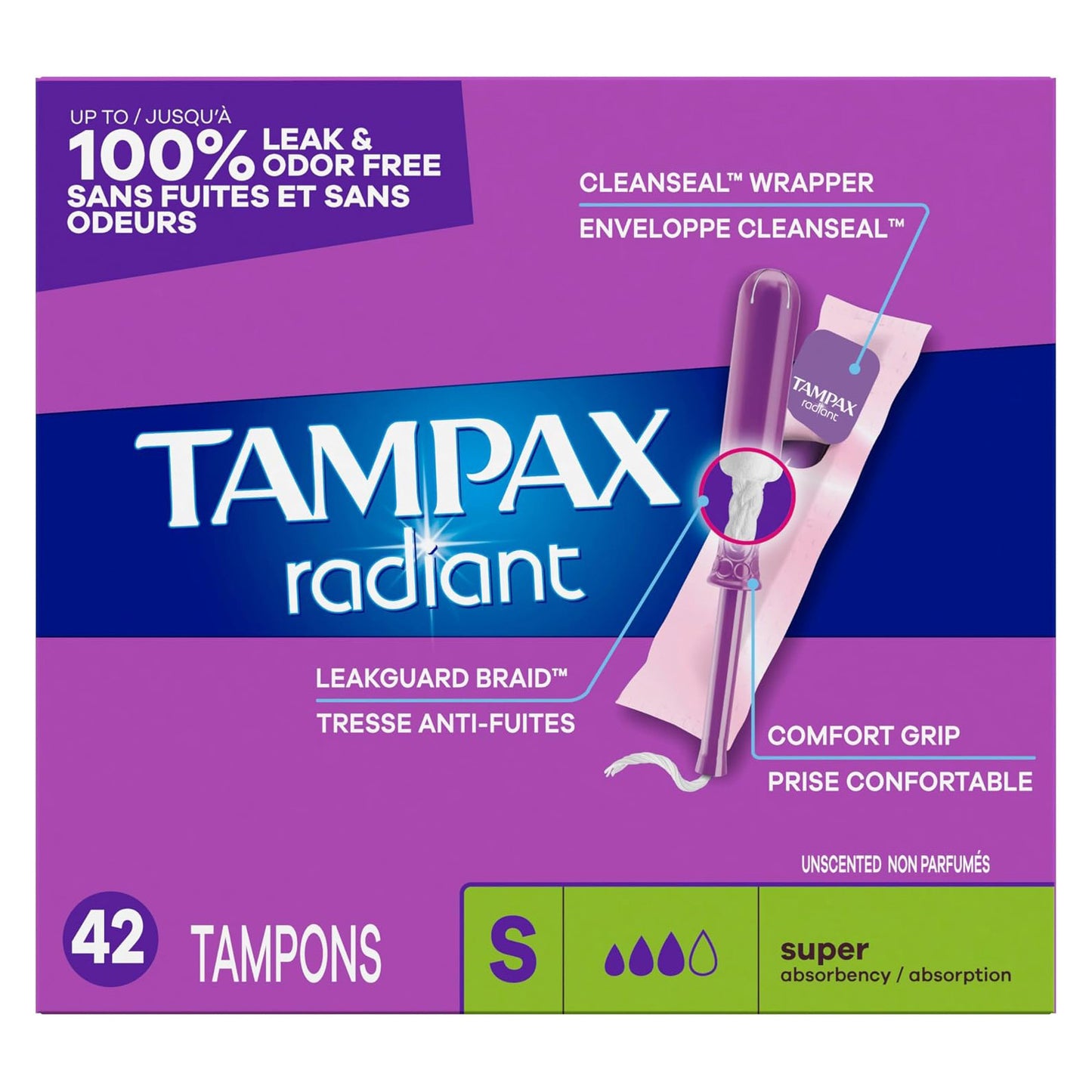 Tampax 탐팩스 라디언트 탐폰 - 슈퍼 - 무향 - 42개입