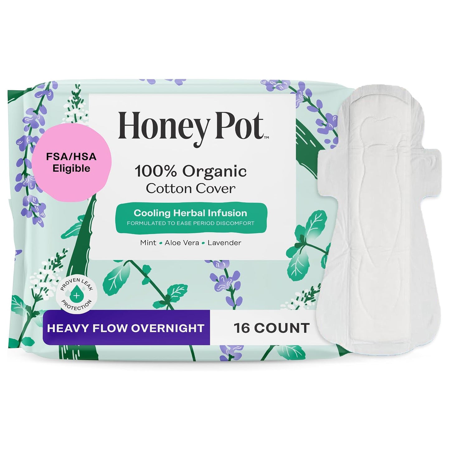 The Honey Pot Company Cooling Herbal Pads with Wings - Heavy Flow Overnight - Herbal Cooling - 16 Count