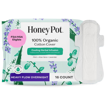 The Honey Pot Company Cooling Herbal Pads with Wings - Heavy Flow Overnight - Herbal Cooling - 16 Count