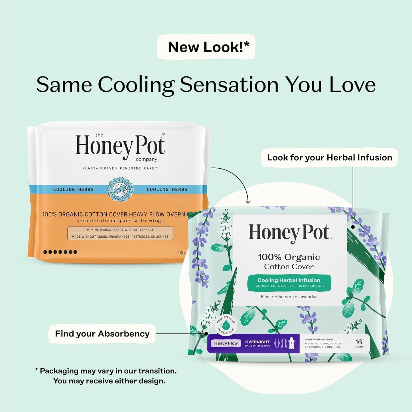 The Honey Pot Company Cooling Herbal Pads with Wings - Heavy Flow Overnight - Herbal Cooling - 16 Count