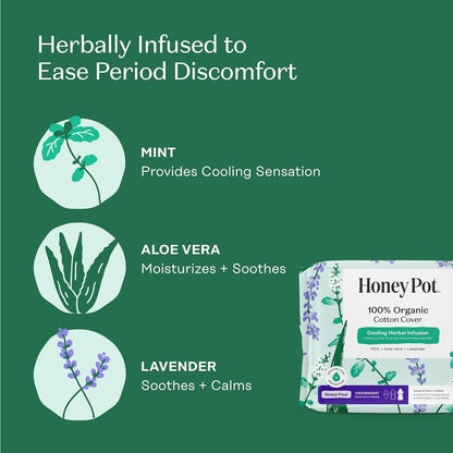 The Honey Pot Company Cooling Herbal Pads with Wings - Heavy Flow Overnight - Herbal Cooling - 16 Count