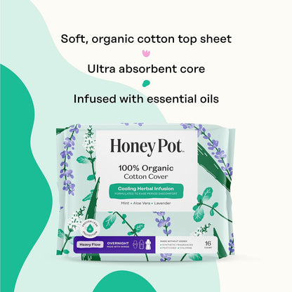 The Honey Pot Company Cooling Herbal Pads with Wings - Heavy Flow Overnight - Herbal Cooling - 16 Count