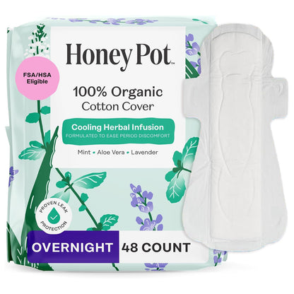 The Honey Pot Company Cooling Herbal Pads with Wings - Overnight - Herbal Cooling - 48 Count