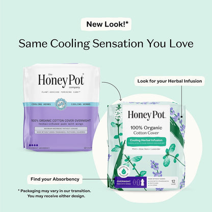 The Honey Pot Company Cooling Herbal Pads with Wings - Overnight - Herbal Cooling - 48 Count
