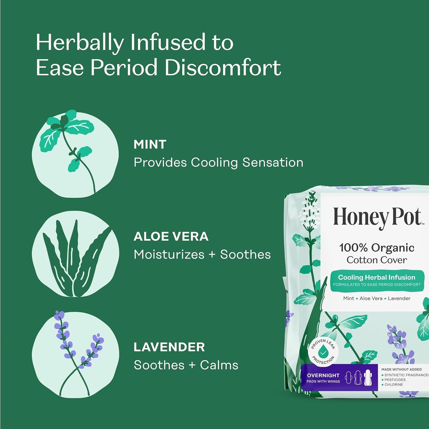 The Honey Pot Company Cooling Herbal Pads with Wings - Overnight - Herbal Cooling - 48 Count