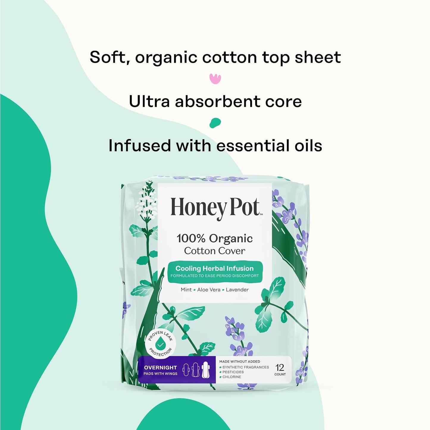 The Honey Pot Company Cooling Herbal Pads with Wings - Overnight - Herbal Cooling - 48 Count