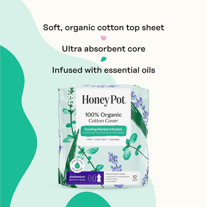 The Honey Pot Company Cooling Herbal Pads with Wings - Overnight - Herbal Cooling - 48 Count