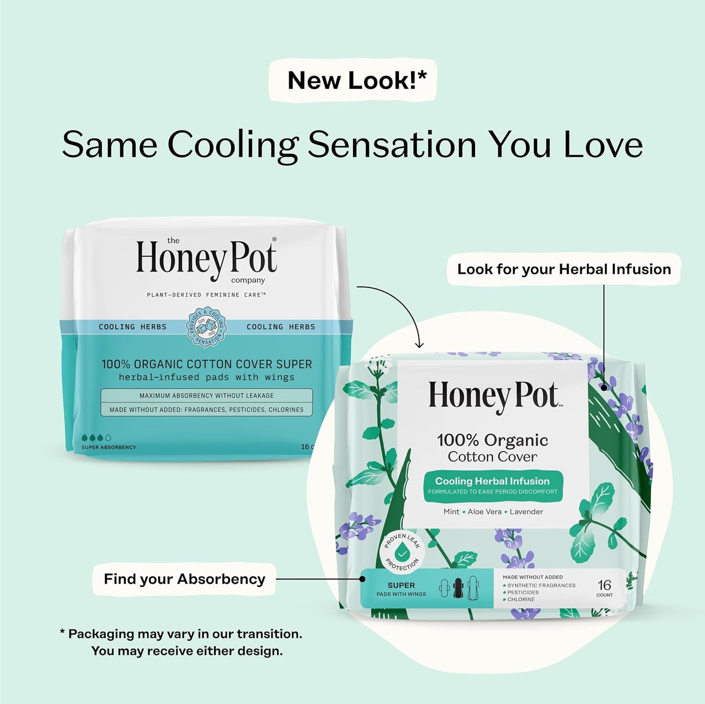 The Honey Pot Company Cooling Herbal Pads with Wings - Super - Herbal Cooling - 48 Count