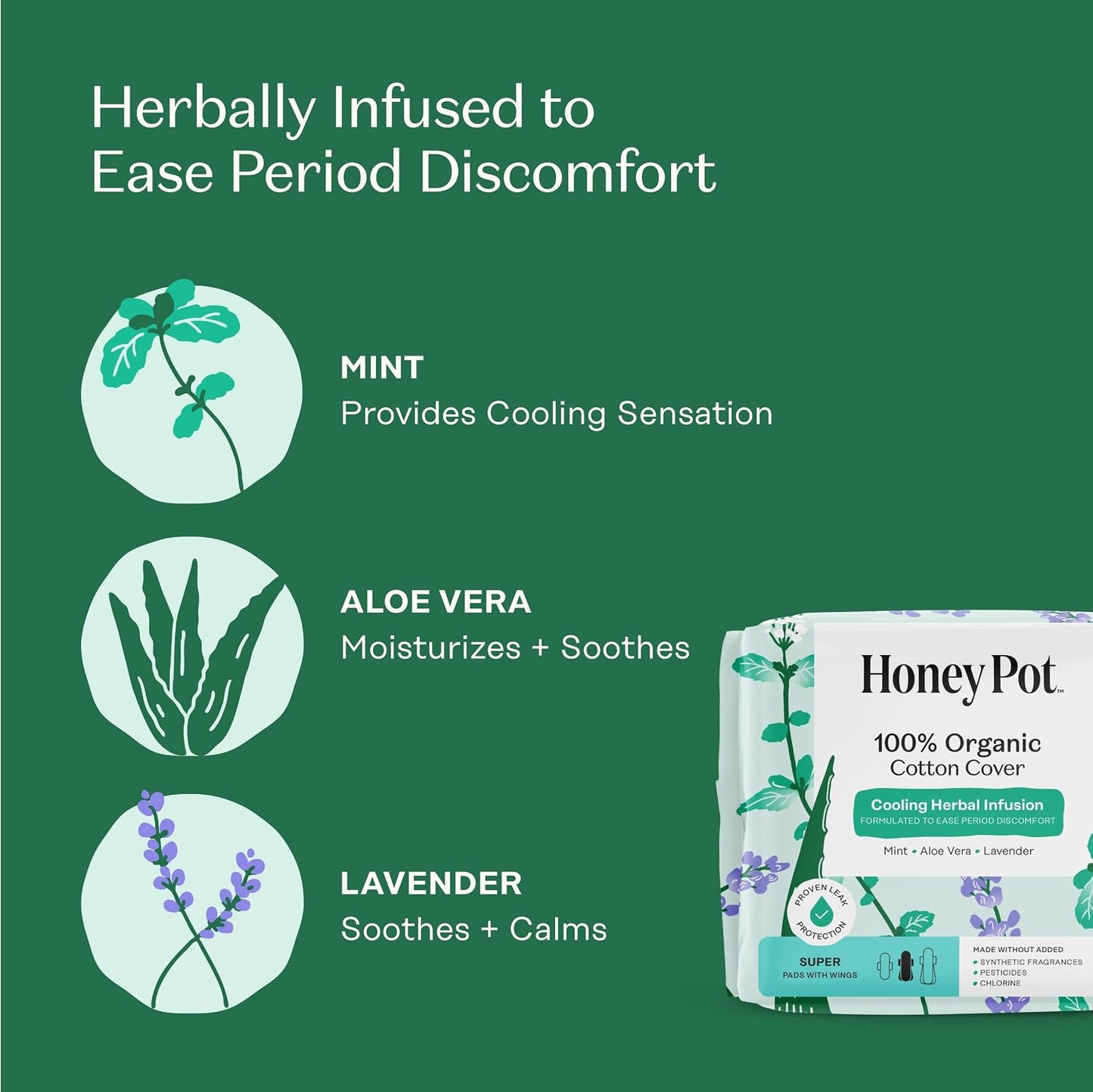 The Honey Pot Company Cooling Herbal Pads with Wings - Super - Herbal Cooling - 48 Count