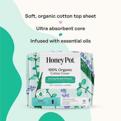 The Honey Pot Company Cooling Herbal Pads with Wings - Super - Herbal Cooling - 48 Count