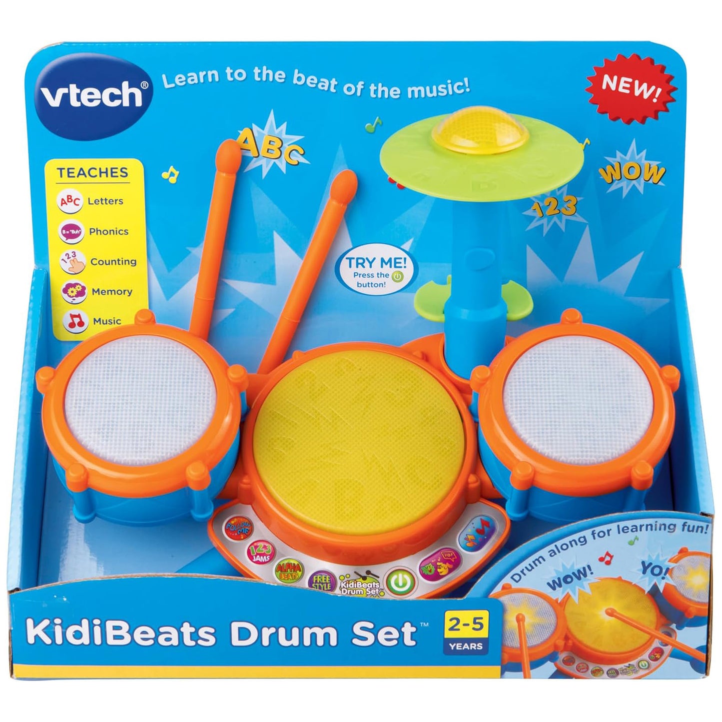 VTech 브이텍 키디비츠 어린이 드럼 세트 라이트업 전자 드럼 9가지 멜로디·4가지 학습 모드 (2-5세)